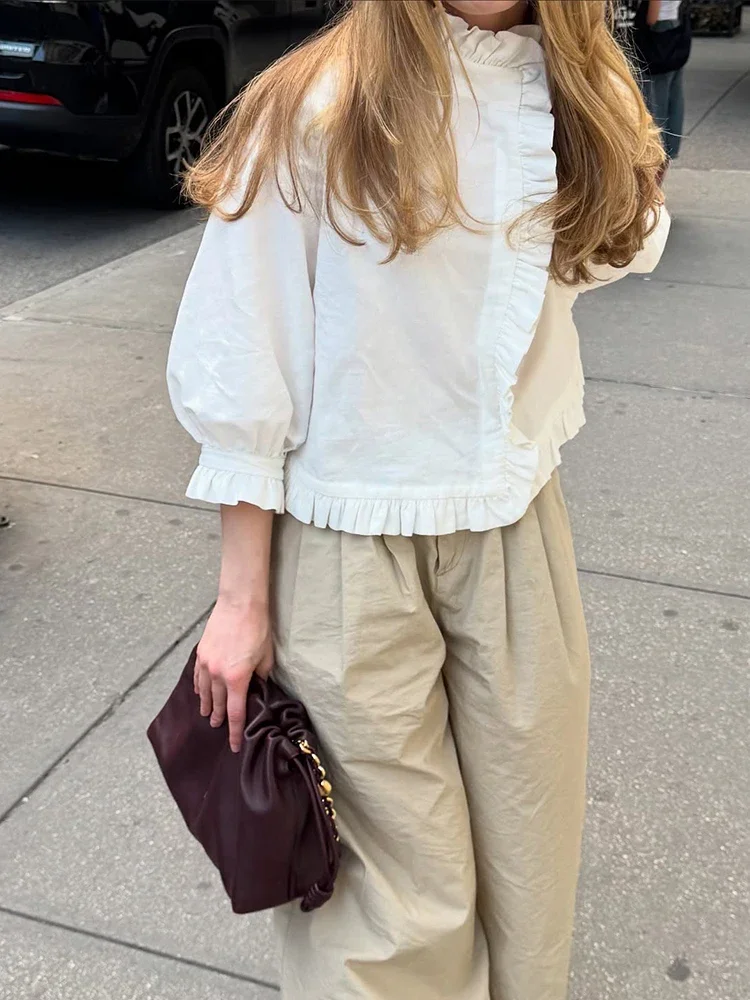 

Casual White Ruffles Patchwork Blouses Women Elegant Linen Cotton O-neck Full Flared Sleeve Pullover Coat Spring Lady Streetwear