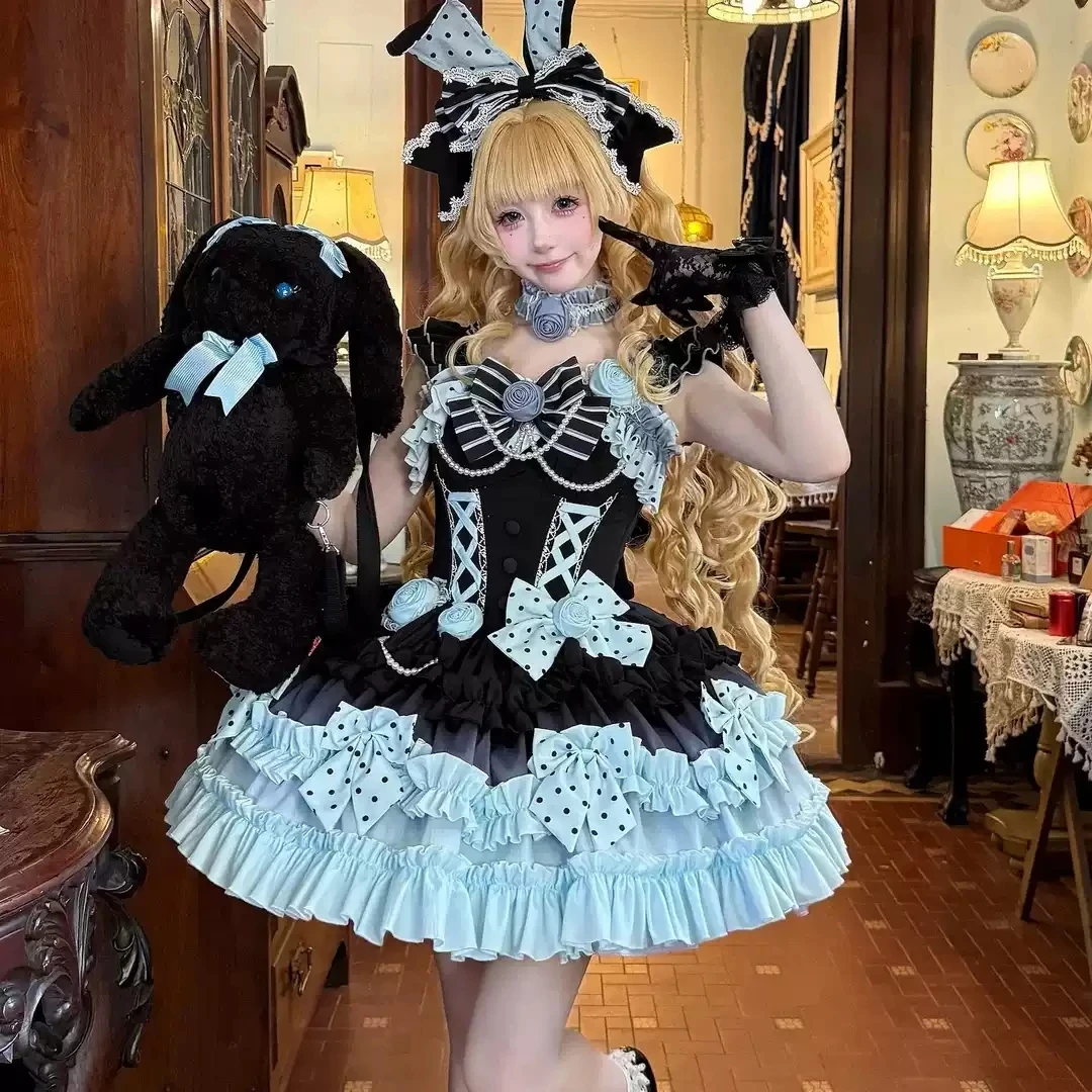 Japanese Sweet Lolita JSK Dress Women JK Lovely Ballet Princess Cake Dresses Retro Harajuku Rose Polka Dot Bow Y2K Outfit