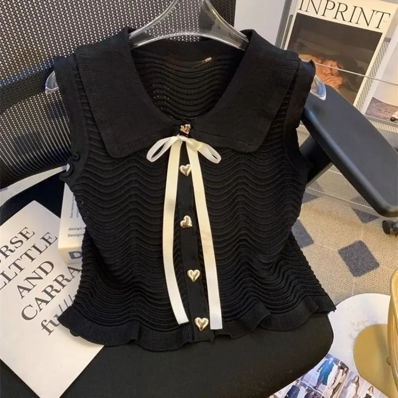 

Sweet Bow Tied Knitted Vest 2025 Summer Peter Pan Collar Heart Button Ruffled Cardigan Hollow Out Slim Fit Thin Sweater