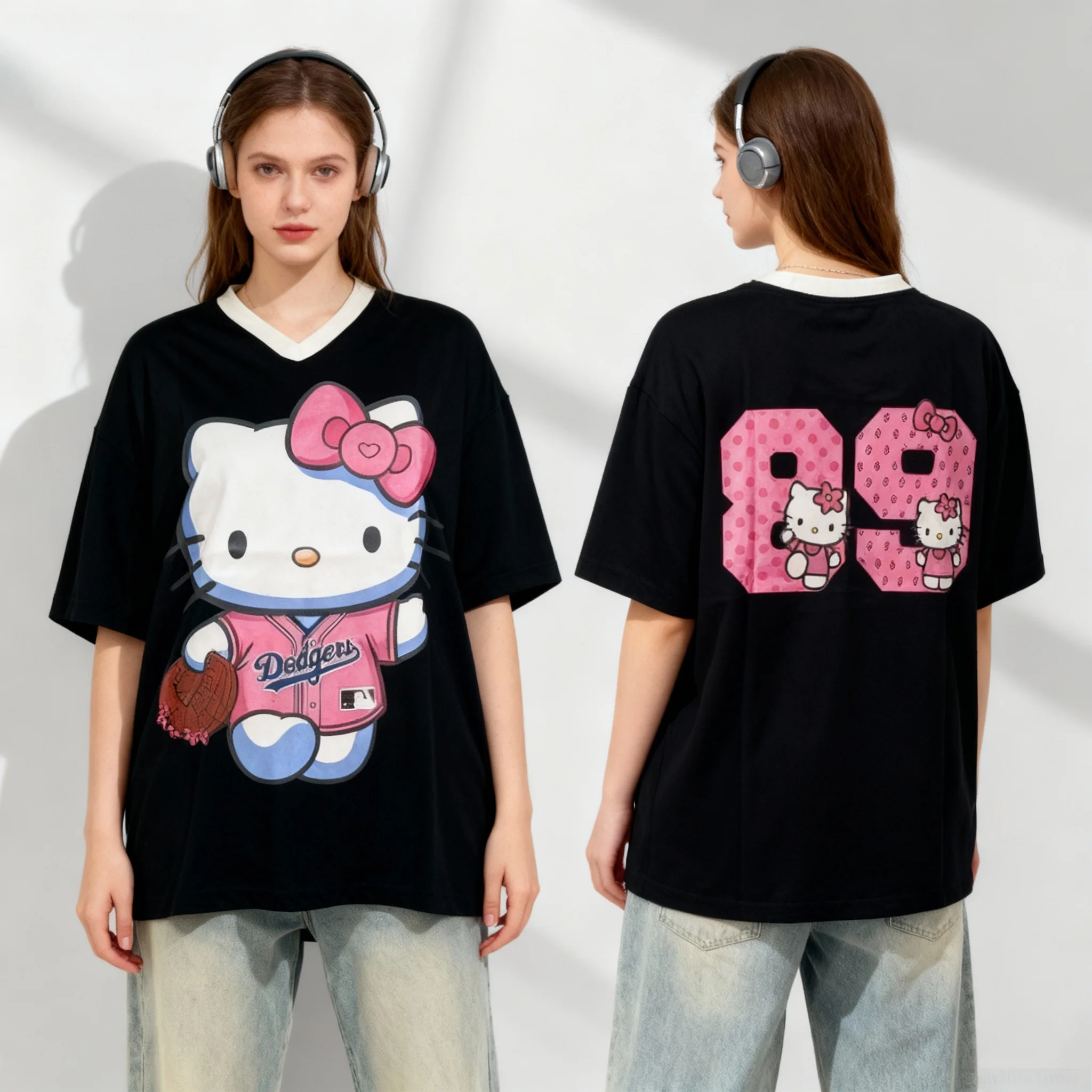 Sanliou كيتي كات كورومي مروحة زي كرة القدم الأمريكية الحلو كول تيشيرت صيفي المتضخم المرأة الكبار تي شيرت رياضي #3