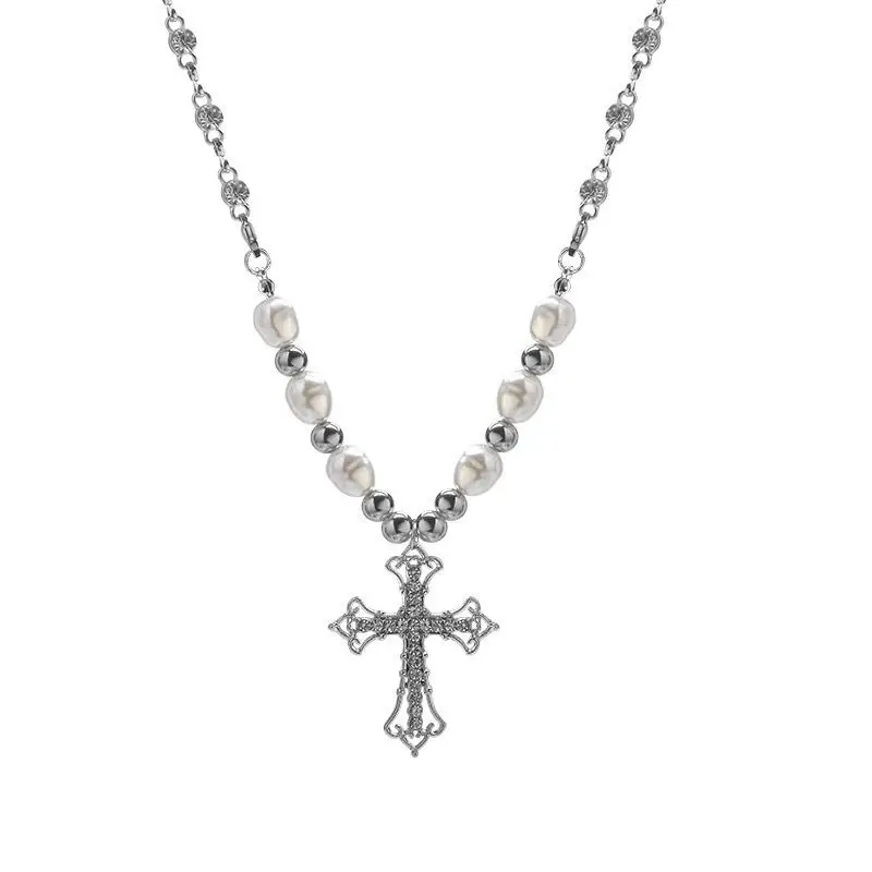 Women's Retro Cross Pendant Clavicle Chain, Ins Style Hip-Hop Punk Pearl Necklace, Minimalist Sweet & Cool Dark - Style Jewelry