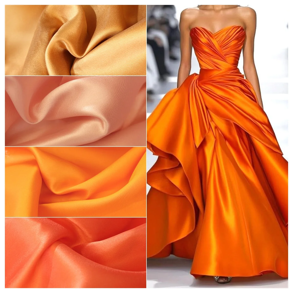 Jasnopomarańczowa satynowa tkanina o wysokim połysku, żywy mikado, miękka tekstura, drapowanie, odporny na zmarszczki materiał na suknię wieczorową