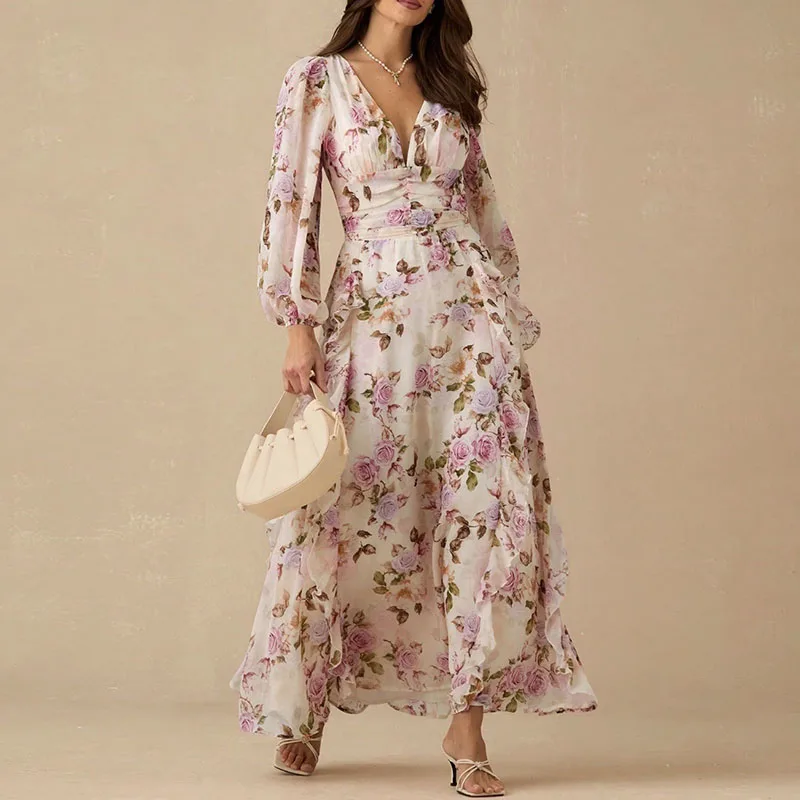 Casual Women V-neck Long Sleeved Holiday Dress Spring Ruffle Design Hem Maxi Dress Elegant Floral Print Loose Beach Dress Mujer