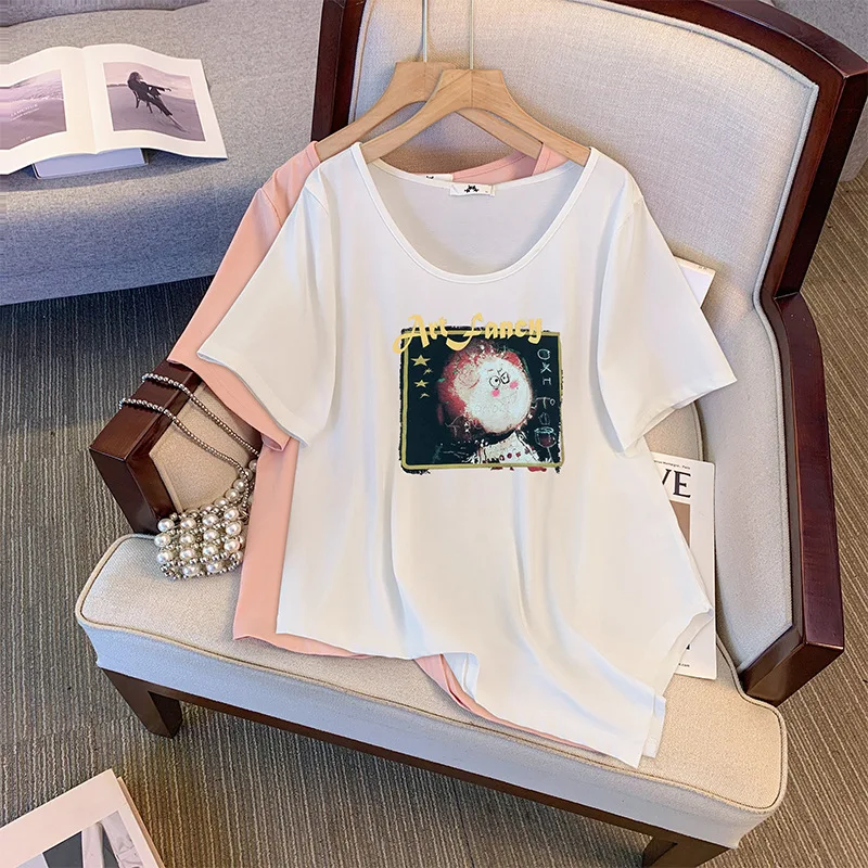 تي شيرت نسائي بأكمام قصيرة ، ملابس نسائية أساسية بسيطة ، متوسطة وطويلة ، عصرية ومتعددة الاستخدامات ، سمينة ، مقاس كبير ، 60-: