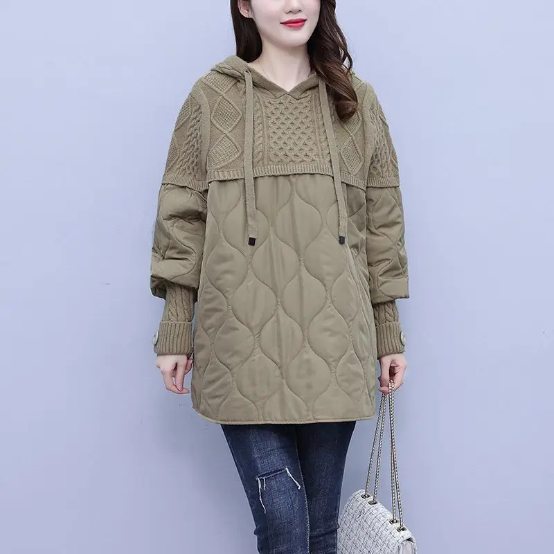 Autumn and Winter Outerwear Women's Fashion New Knitting Splicing Plush Warm Sweater Version Loose Hooded Pullover Cotton Coat