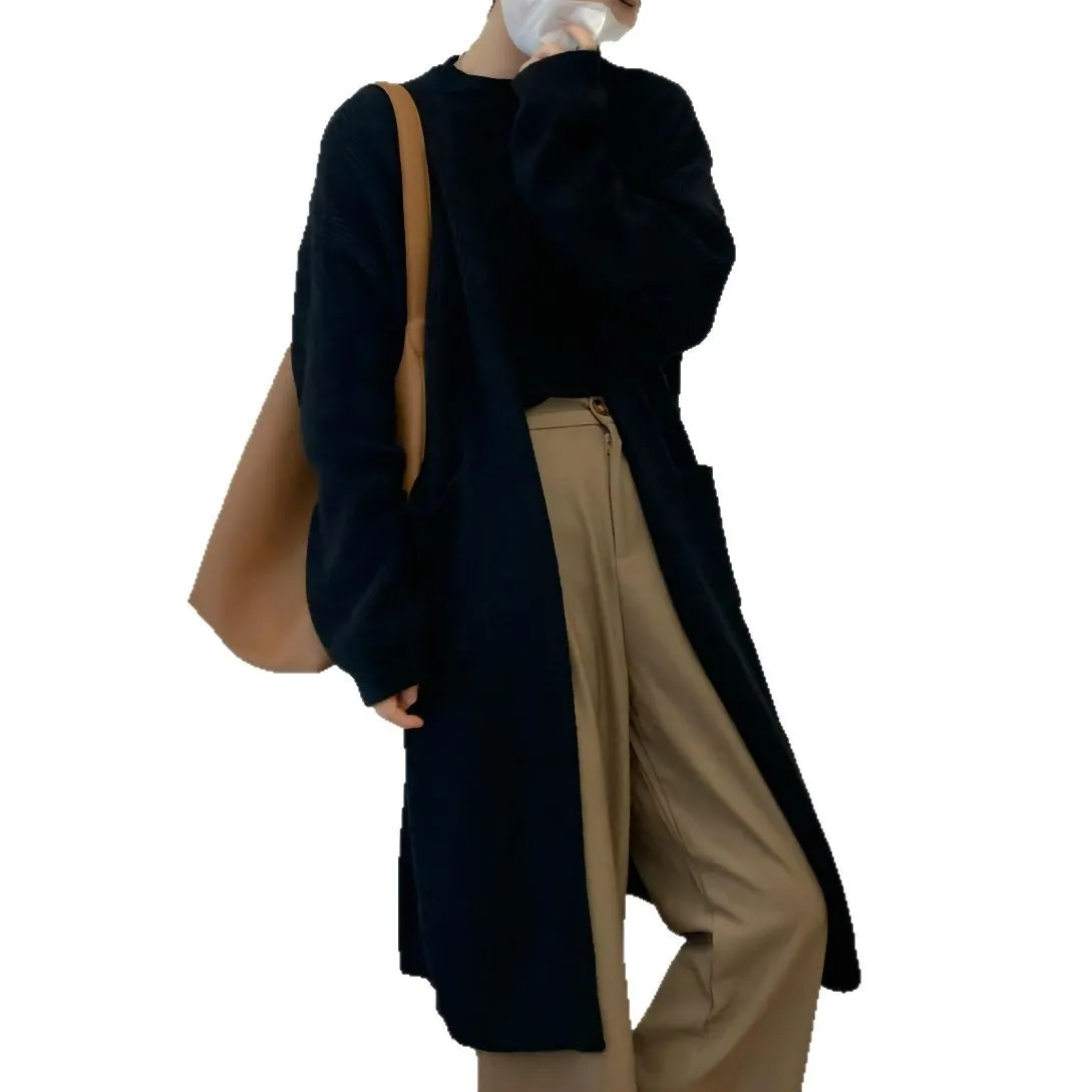 長袖厚手ゆったりフィットオフィスレディカジュアル2025秋冬女性ロングカーディガンセーター無地ジャンパーポケット付きVネック