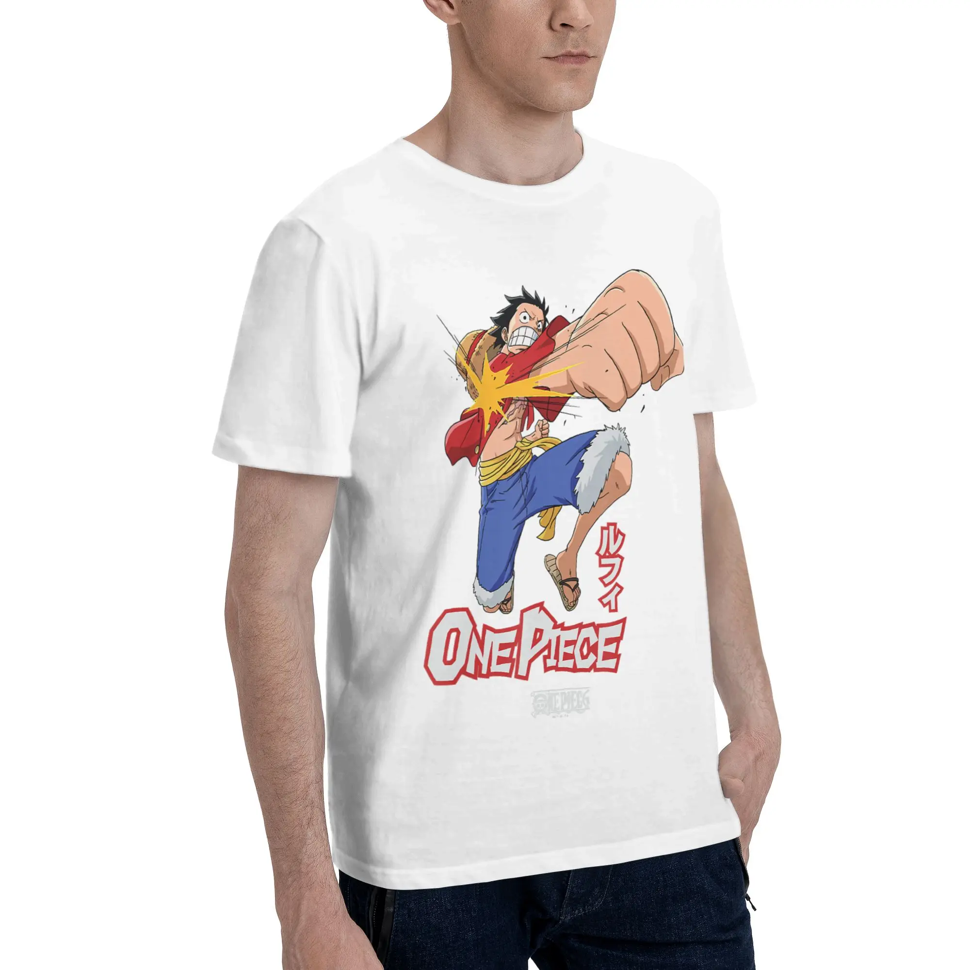 Bandai Luffy Attack Pose Flying Fist with Kanji Men Clothing T-Shirt  Humor Tee Shirt Short Sleeve Fugees 100% Cotton