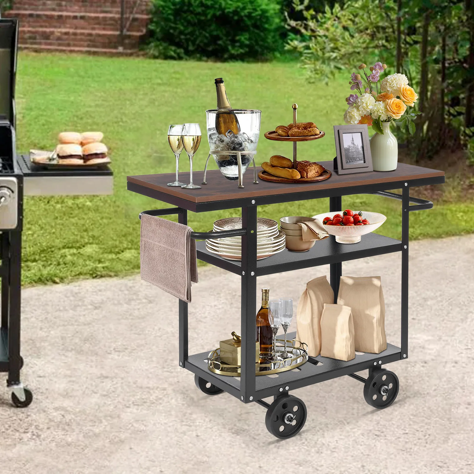 3 Tier Industrial Mobile Serving Cart With Wheels, Rolling Kitchen Storage Trolley With Side Handles, Particle Board & Carbon Steel Utility Cart For Cafe Restaurant Bar Home image 2