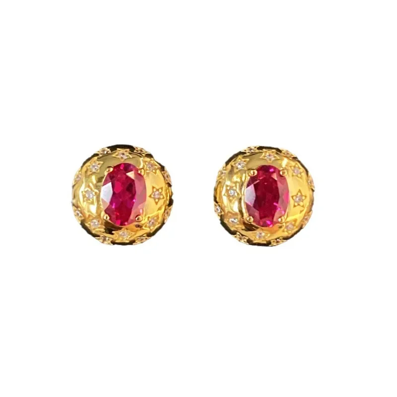 Vintage Red Glossy Exquisite Star Earrings for Women Gem Series Ruby Light Luxury Earings Stud Banquet Jewelry
