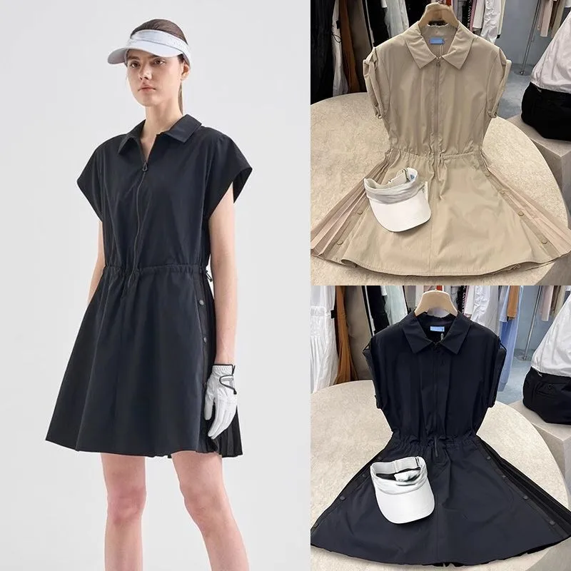 

New Summer Golf Wear: Collared, Waist-Cinched, Flattering, Modest-Cut Long Dress—Solid Color, Minimalist, Breathable