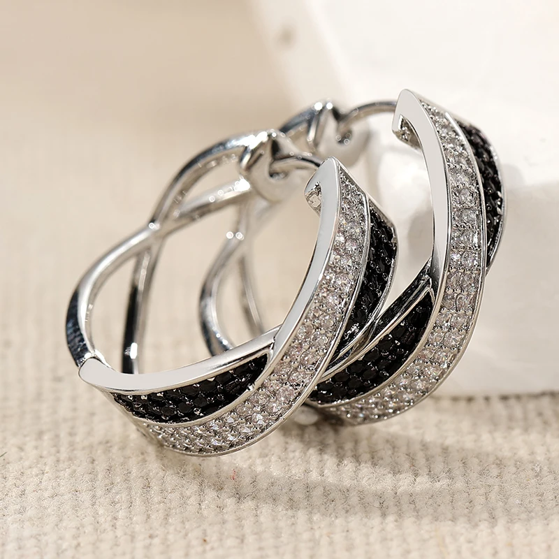 Elegant Black White Zircon Cross Design Hoop Earrings Fashion Temperament Metal Ear Buckle Women Jewelry Accessories