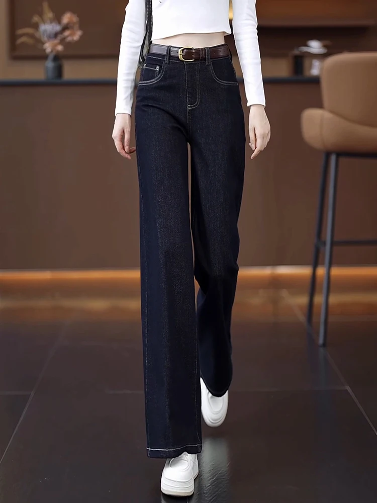 

Thickened Fleece High Waist Straight Leg Jeans Women's Autumn Winter New Style Casual Long Pants Retro Slim Wide Leg Pants