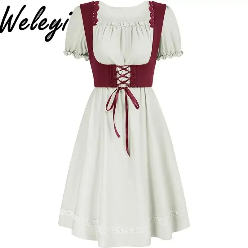 

Victorian Pastoral Cosplay Wine Red Long Dress Women Retro Literary Square Neck Short Sleeve Dresses Ladies Vestidos De Mujer