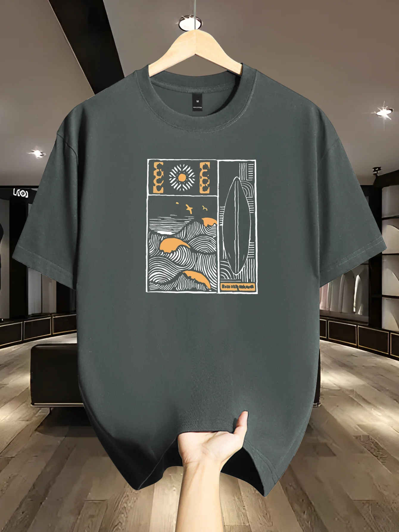 Summer New Style Surfboard Wave Split Panel Graphic Streetwear Loose Men T-shirt Pure Cotton Breathable Suitable for Daily Wear