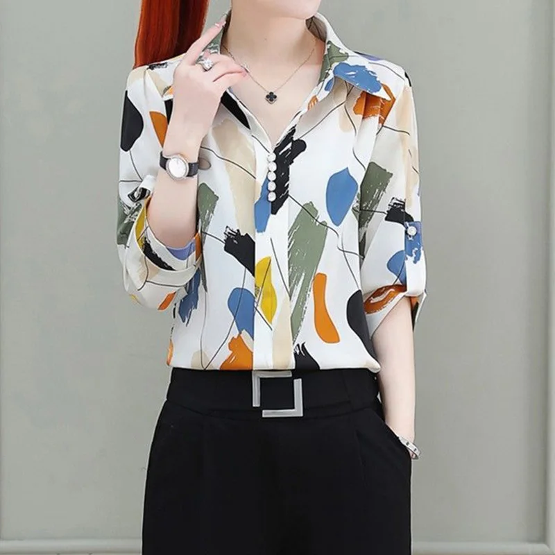 Autumn New Office Lady Various Patterns Printing Chic Shirt Turn-down Collar Loose Half Sleeve All-match Button Pullover Blouse