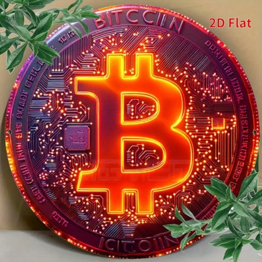 1PC Bitcoin Symbol Glitter Metal Wall Art |   Panneau de signalisation crypto-monnaie rouge et orange audacieux pour le bureau à domicile ou la salle de minage