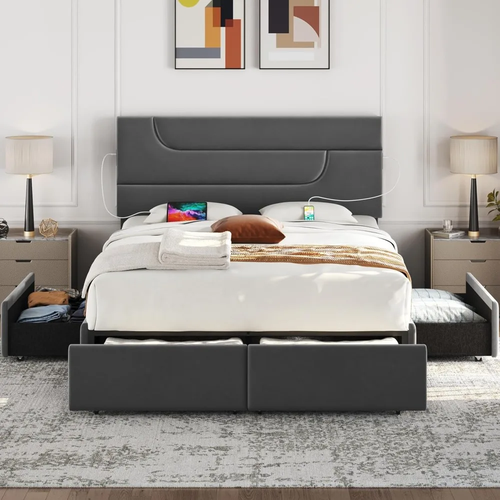 Queen Bed Frame Upholstered Platform Bed with USB Charging Station/4 Storage Drawers/Streamlined Headboard/Strong Wooden Slats