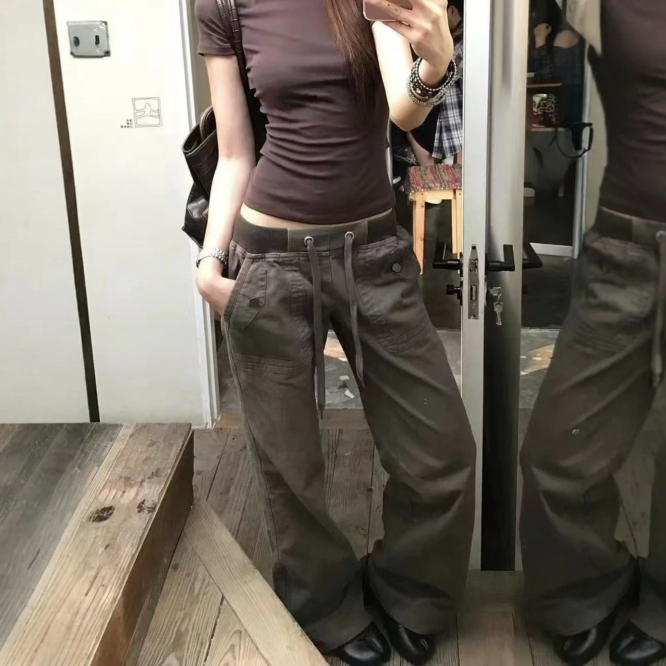 Women European American Street Low Rise Cargo Jeans with Strap Slim Straight Wide Leg Trendy Casual Denim Long Pants