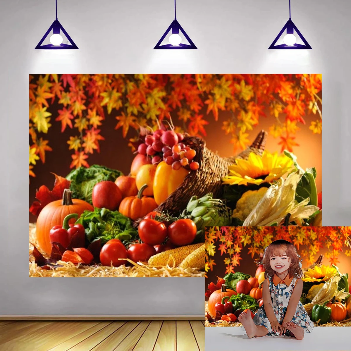 

Autumn Fall Harvest Backdrop Thanksgiving Party Photography Family Photo Shooting Background Village Fruits Leaf Decorations