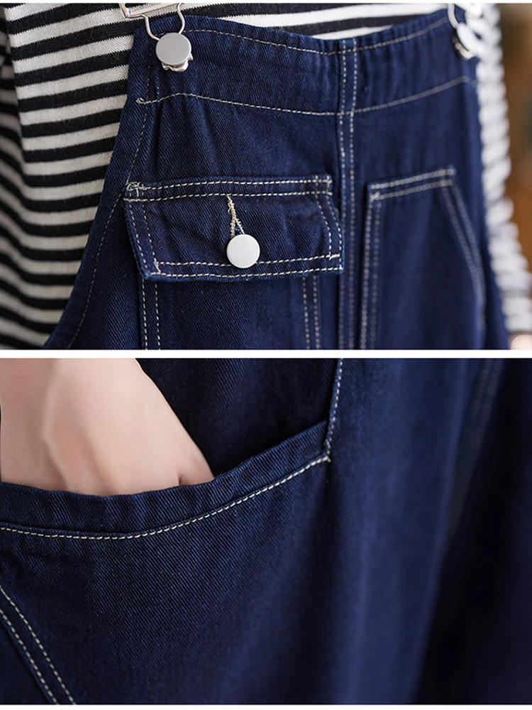 Loose Oversized Jeans Jumpsuit Women Casual Streetwear Wide Leg Denim Overalls Vintage Dark Blue Dungarees Straps Baggy Pants