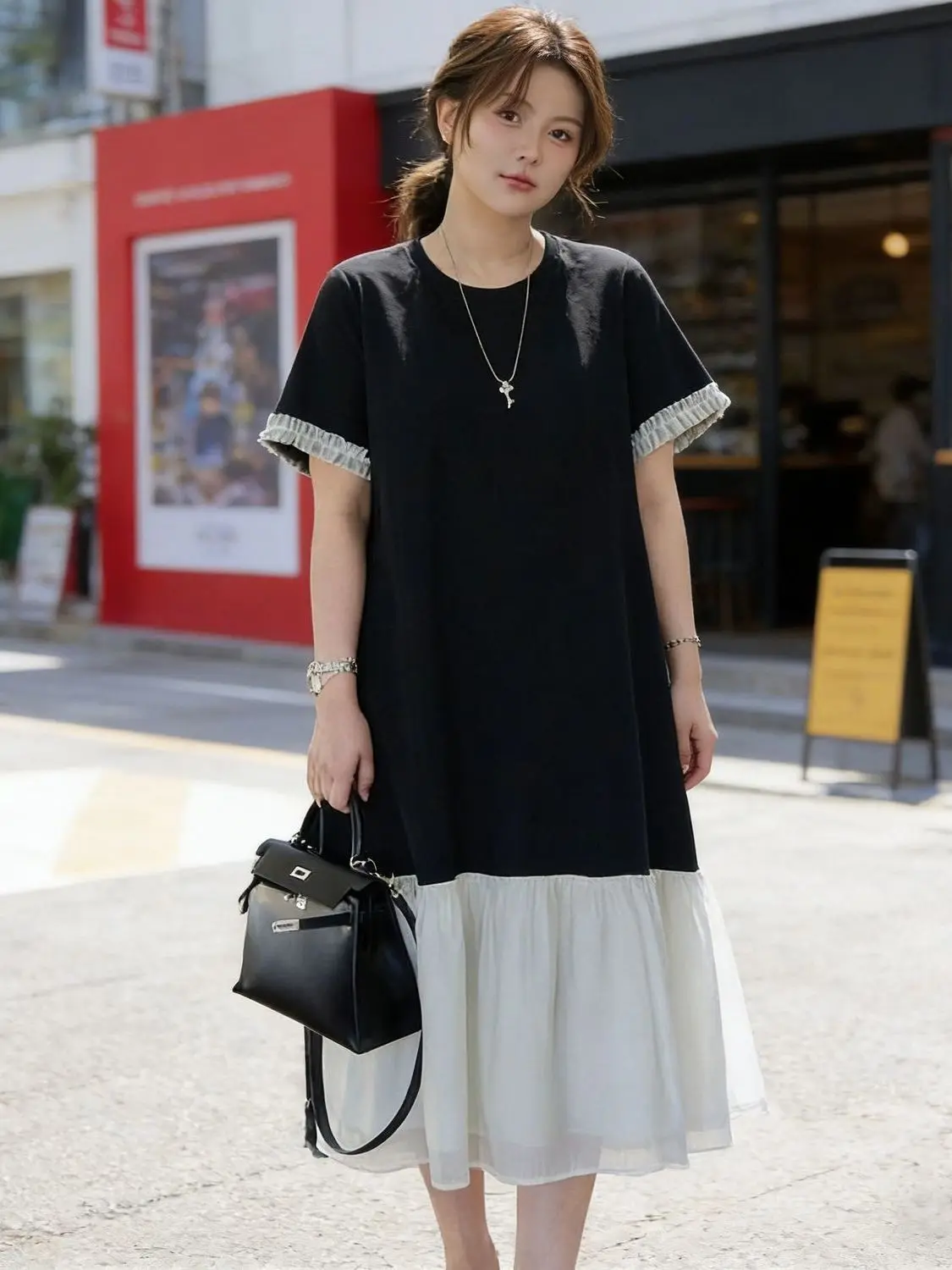 

plus Size 300 Pounds Women's A-Line Dress Short Sleeve Loose Midi Skirt Summer Comfortable Breathable Korean Style Casual Wear