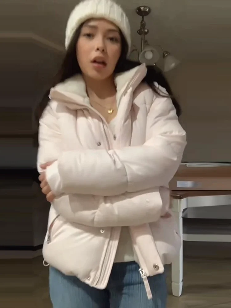 سترة نسائية وردية مع قبعة وسحاب جيوب داخلية من الفرو الصناعي سترات نسائية متينة موضة خريف وشتاء 2025 ملابس خارجية أنيقة للسيدات #2