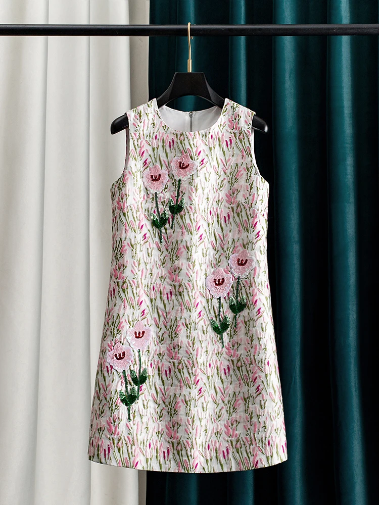 Women Floral Embroidered Sequin Dress Sleeveless Jacquard 3D Flower Elegant A-Line Summer Party Dress Casual