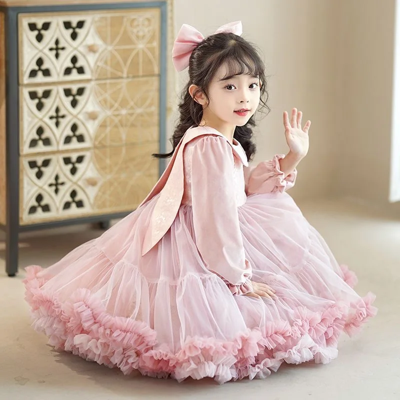 

Pink Lace Sequin Princess Dresses Baby Girl Lolita Dress Long Sleeve Baptism Clothes Kid Birthday Party Vestidos Wedding Costume