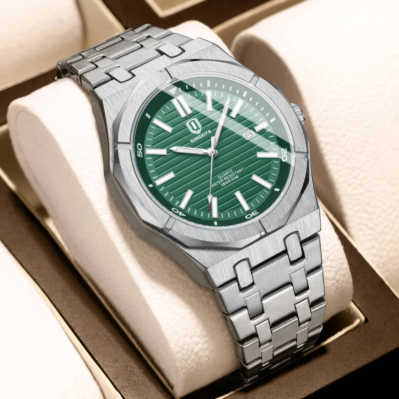 QINGXIYA Brand Fashion Green Quartz Watch for Men Stainless Steel Waterproof Luminous Date Quartz Watches Mens Relogio Masculino