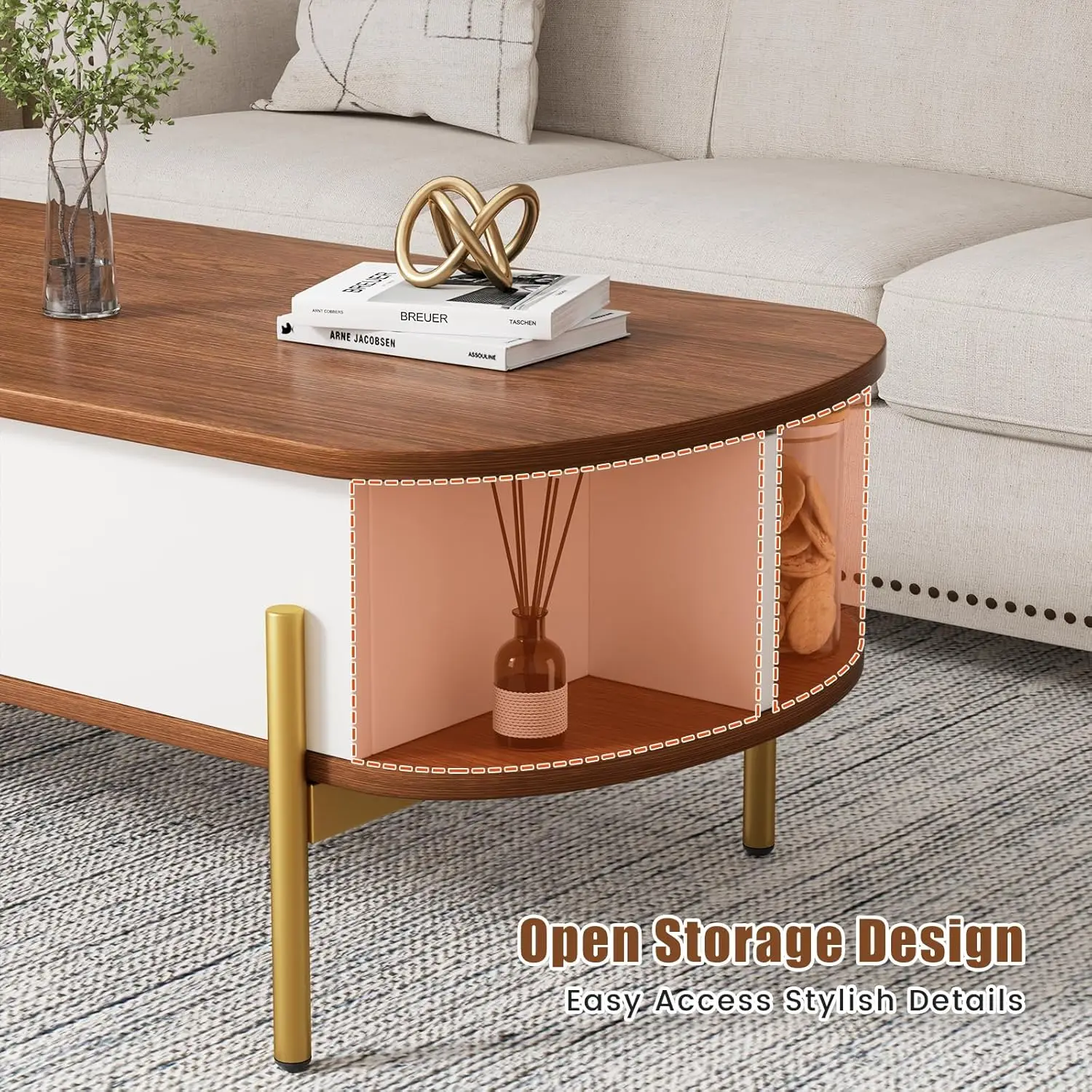48" Oval Lift Top Coffee Table with Storage Metal Legs & Large Hidden Compartment, Coffee Tables with Lifting Top, Customized