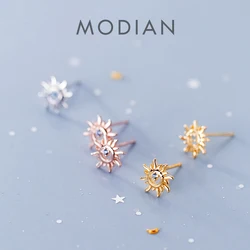 Modian Classic Unique Sun Helios Crystal Stud Earrings for Women 925 Sterling Silver Small Fashion Fashion Jewelry Bijoux