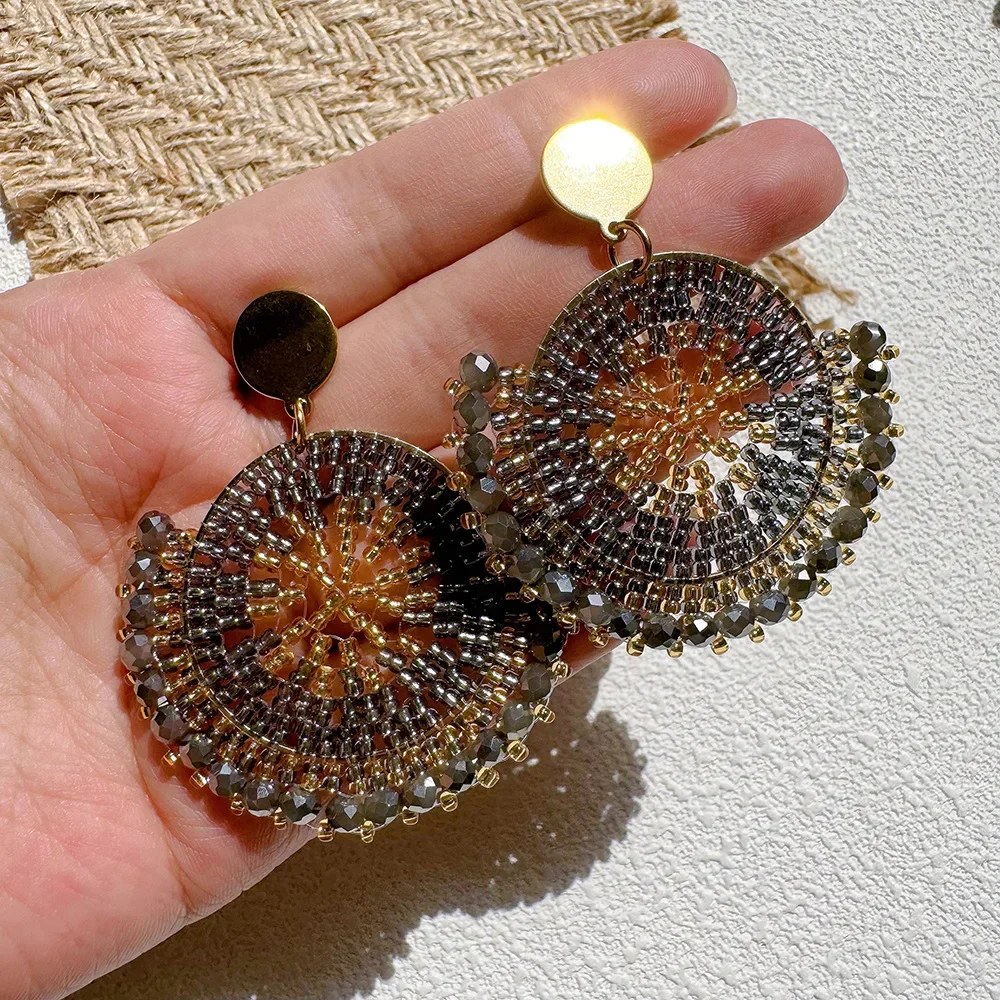 Серьги из бисера ручной работы 2025, круглые серьги с кристаллами в стиле ретро, богемное ручное плетение, креативные серьги из бисера для женщин