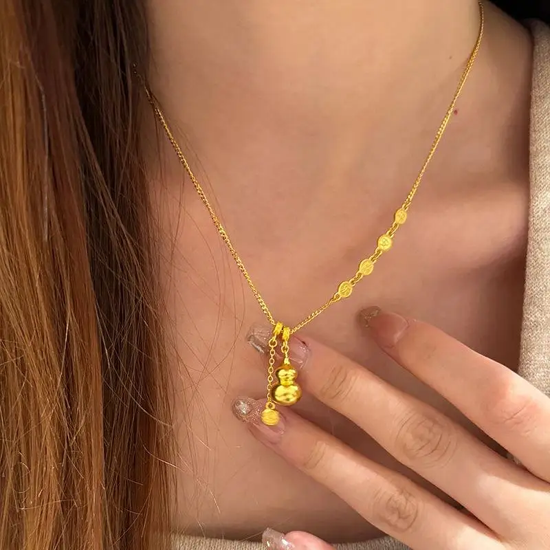 Retro and minimalist Chinese style stereoscopic glossy gourd necklace new in irregular tassel pendant party fine jewelry