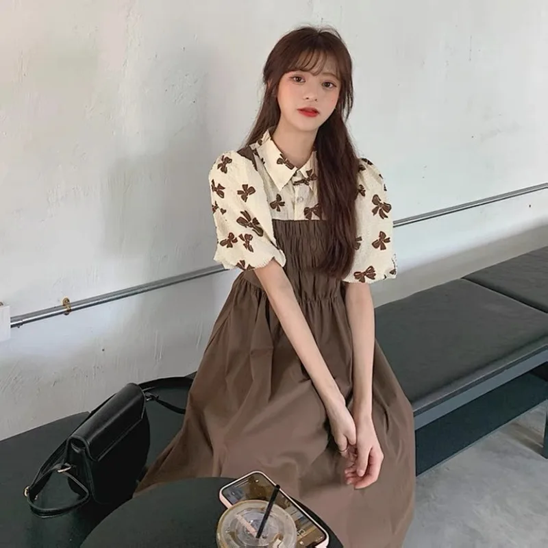 

Summer New Women Dress Fake Two-piece Niche Polo Neck Short-sleeved Dress Girls Chic Puff Sleeve Mid Length Dress Female