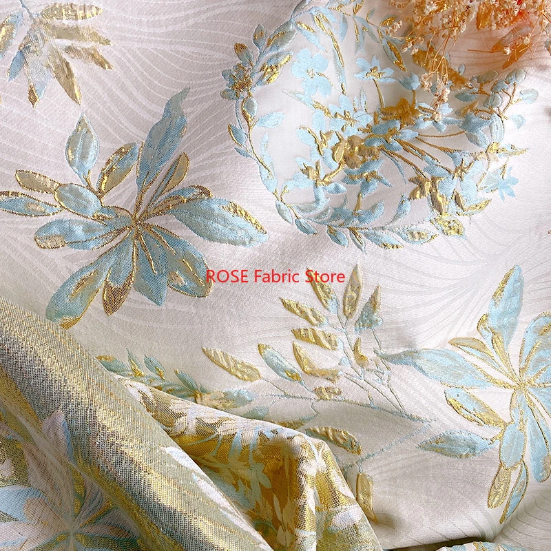 

1-метровая золотая шелковая 3d цветочная жаккардовая ткань с тисненой текстурой, парчовая ткань для платья, сумки для багажа, шитье своими руками