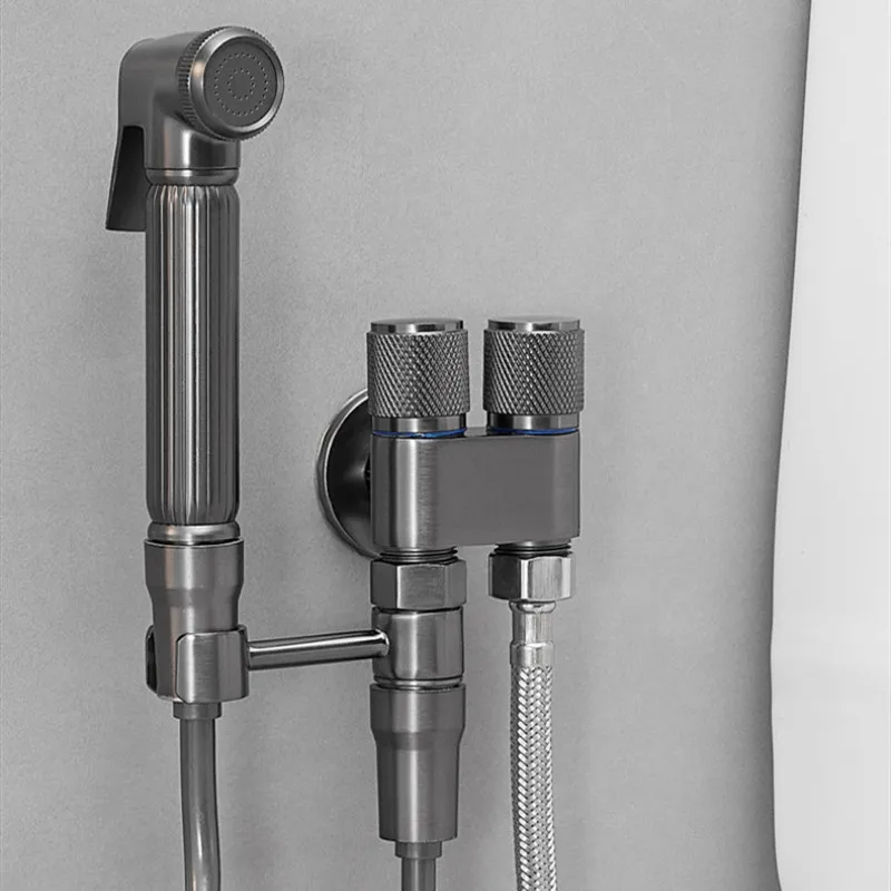 Wall Mounted Toilet Bidet Faucet set Brass Double Use Bidet faucet Bathroom sprayer Gray bidet faucet High Pressure gun gray