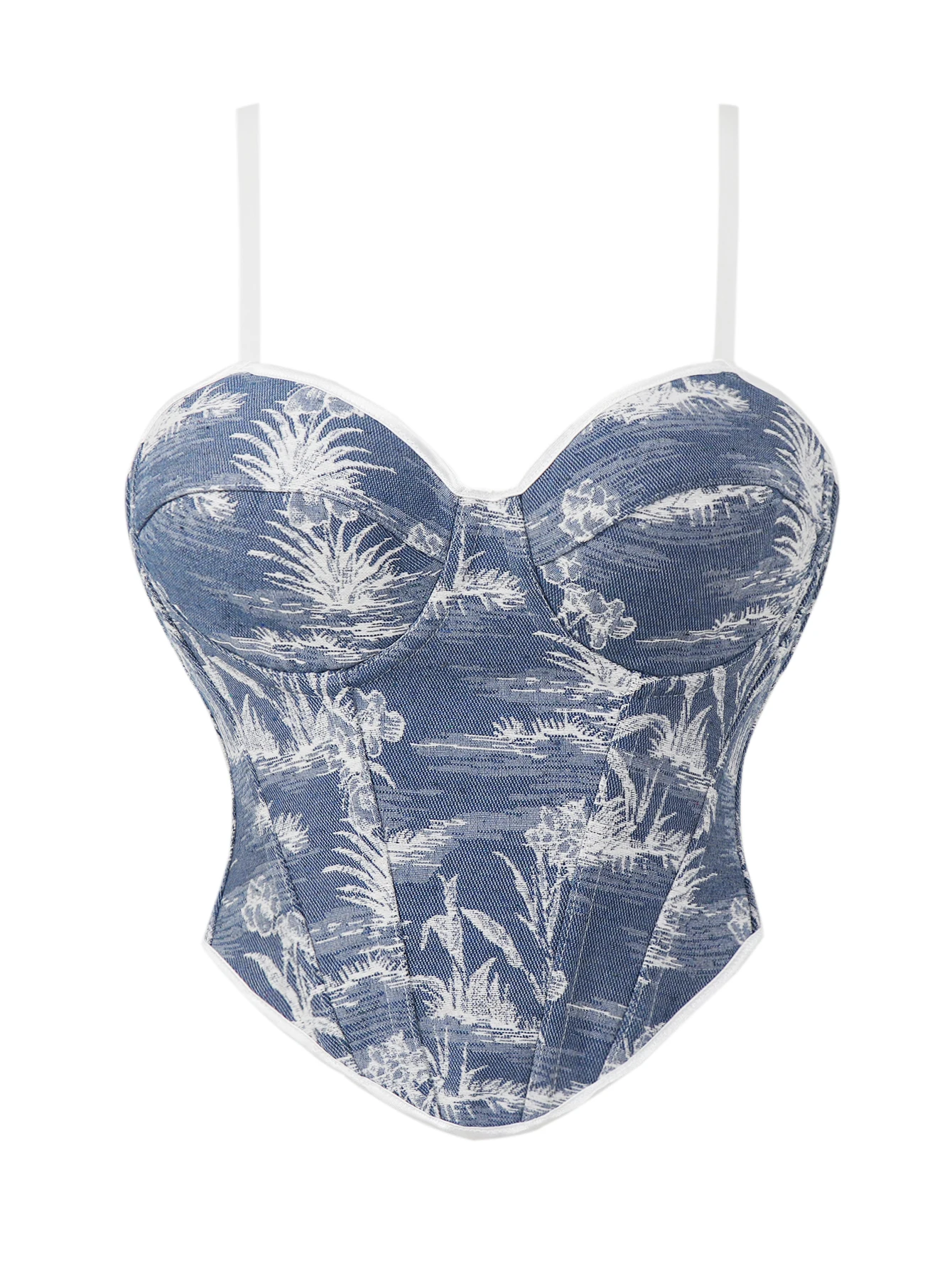 Damen-Korsett im Vintage-Stil, blau, mit Blumenmuster, Jacquard, verstellbare Spaghettiträger, Schnürung am Rücken