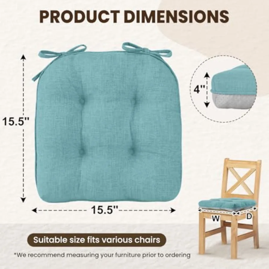 Indoor Chair Cushions for Dining Chairs, Tufted Overstuffed Textu Kitchen Chair Pads with Ties and Non-Slip Backing,,, 4 Pack