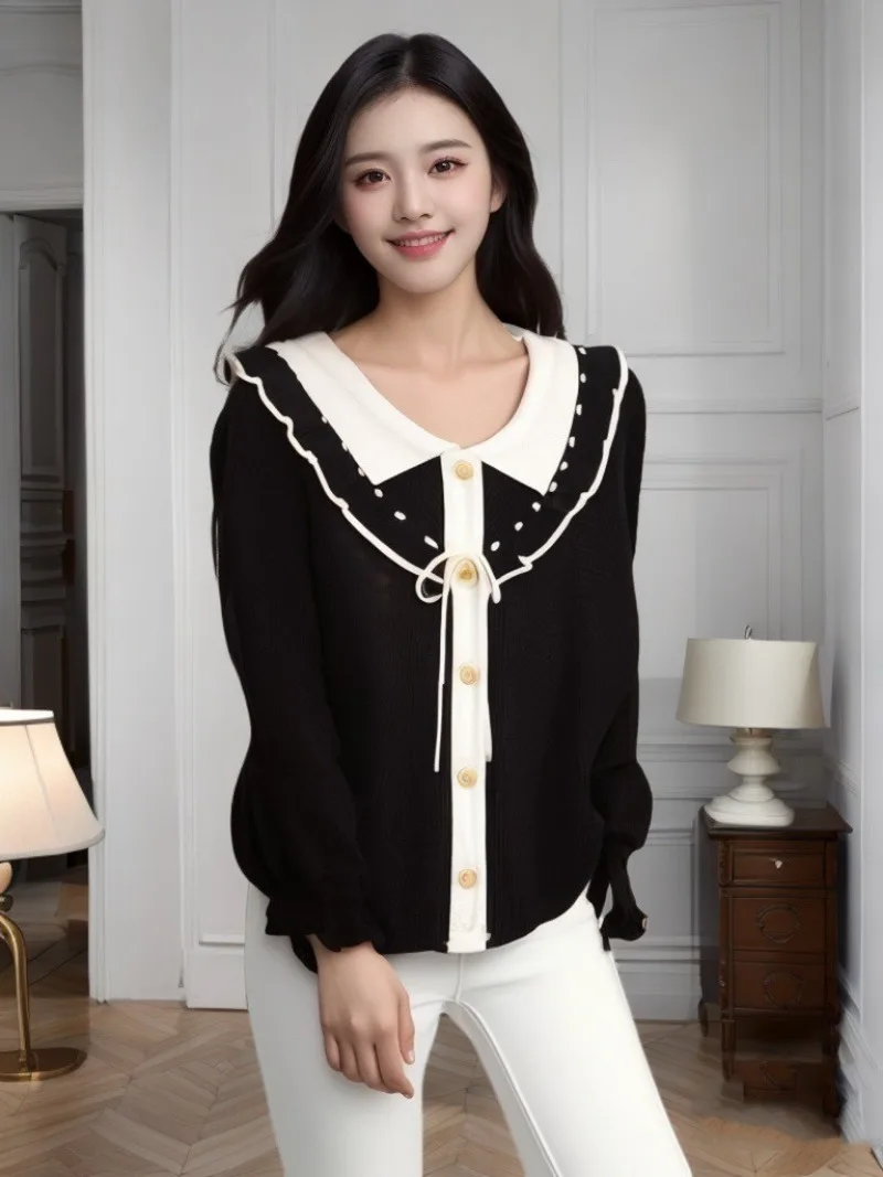 

Pullovers Women Ruffles Design Knitted Korean Fashion Turn-down Collar Flare Sleeve Sweaters Autumn Winter Bow Slouchy Pullover