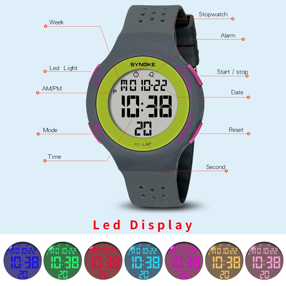 Outdoor Sport Watch Men Alarm Chrono Clock 5Bar Waterproof Military Watches LED Display Shock Digital Watch Thin Design Synoke