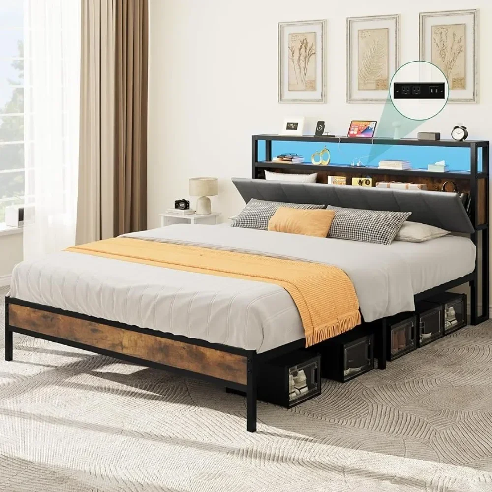 

LED platform bed frame with storage headboard, no need for a box spring, easy to assemble, upholstered bed with charging station