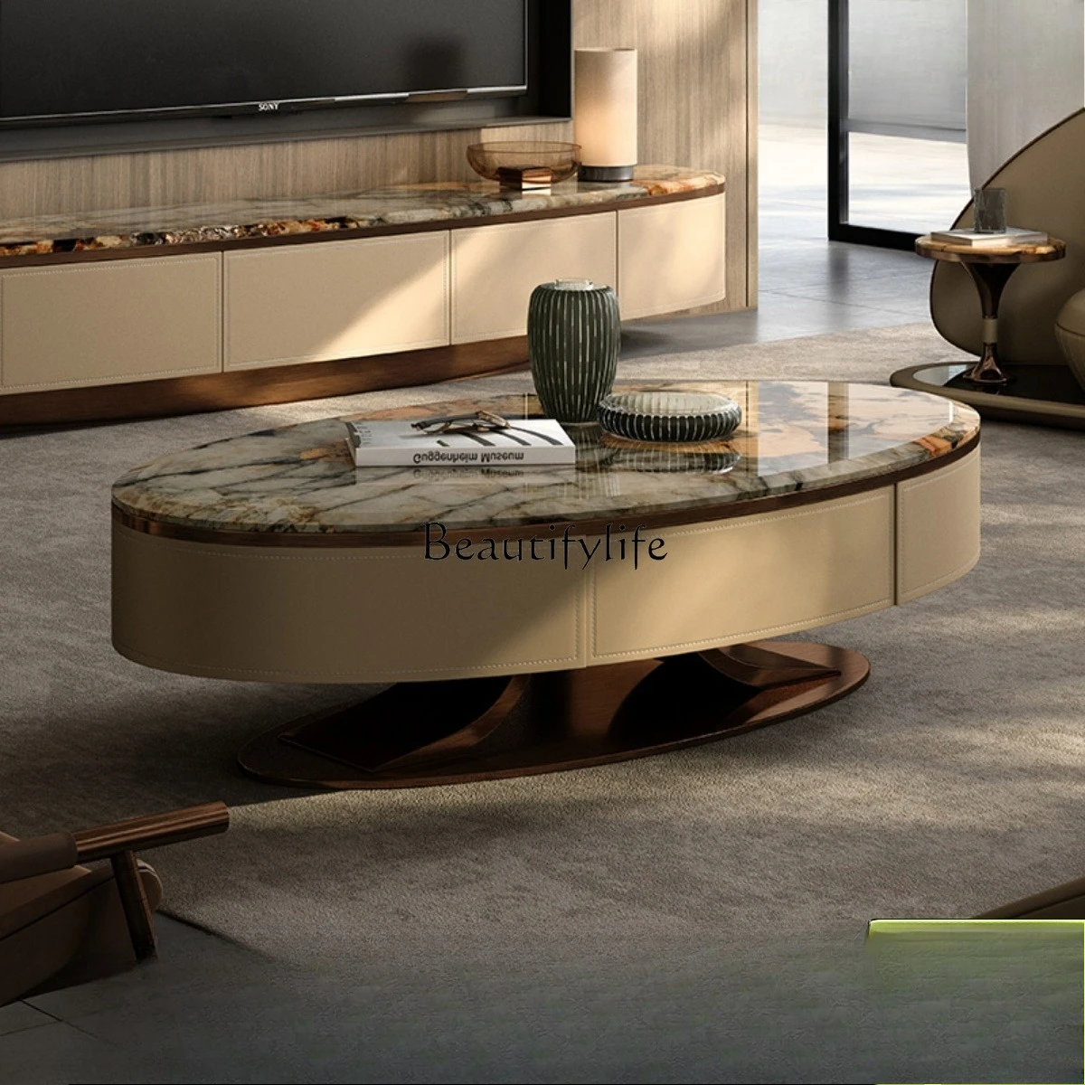 

02Light luxury modern oval marble coffee table living room home