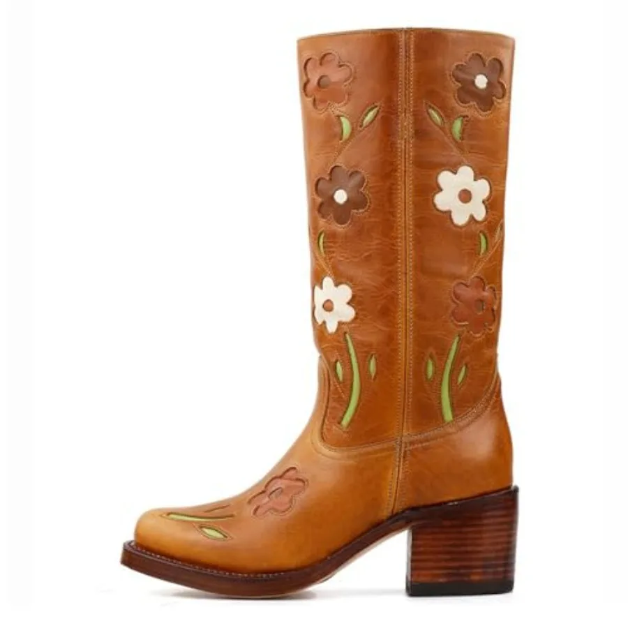 

Women's Knee High Boots Square Toe Chunky Block Heel Tall Boots for Women Comfortable Casual Low Heel Trendy Stylish Flower Boo