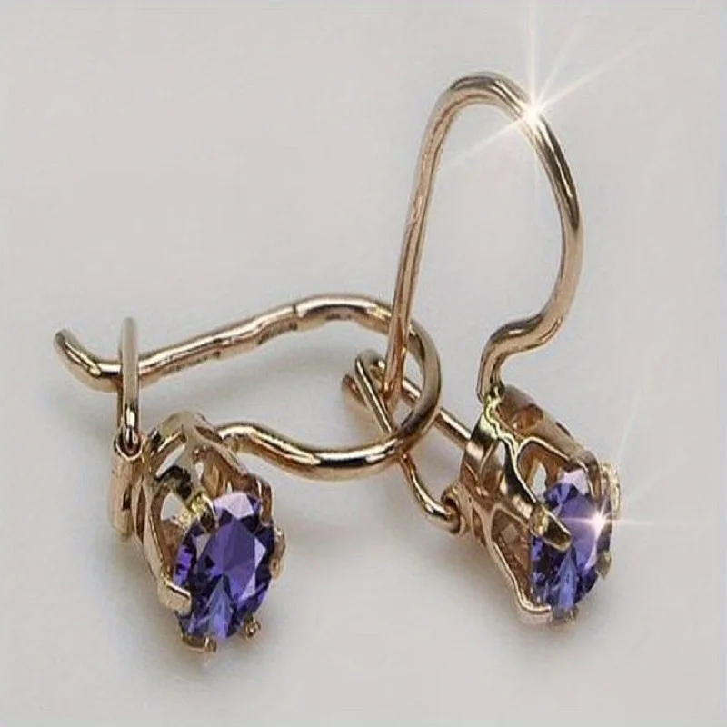Fashionable Round Purple Color Cubic Synthetic Zirconia Earrings Gold Ear Buckle Closure Women's Multifunctional Jewelry Gifts