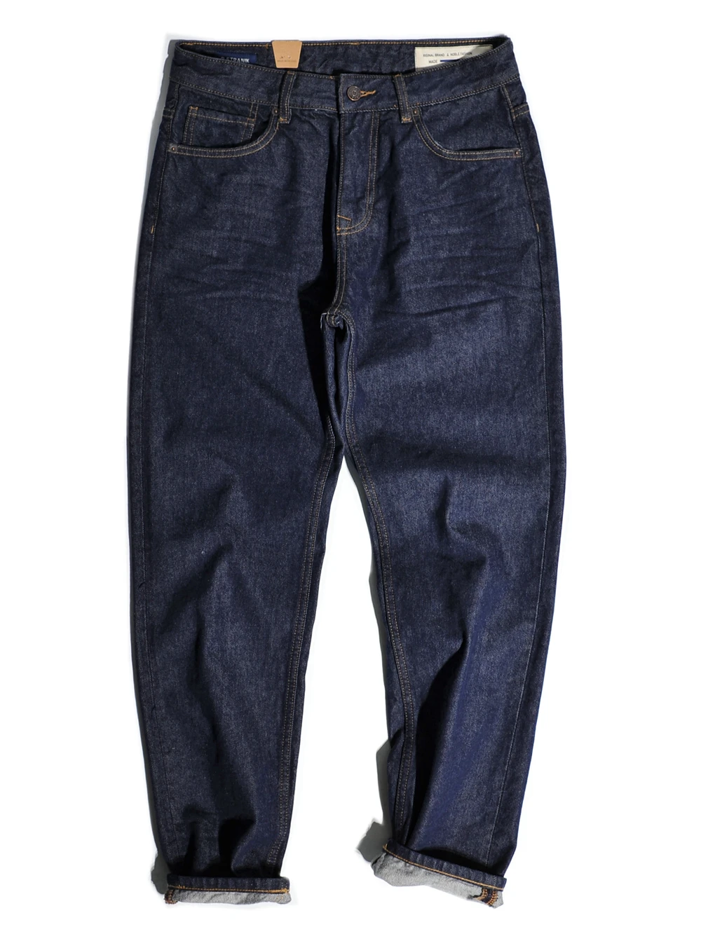 

Классические американские ретро-джинсы из чистого хлопка глубокого синего цвета, прямого кроя, зауженные, повседневные, с коническим силуэтом, длинные брюки.