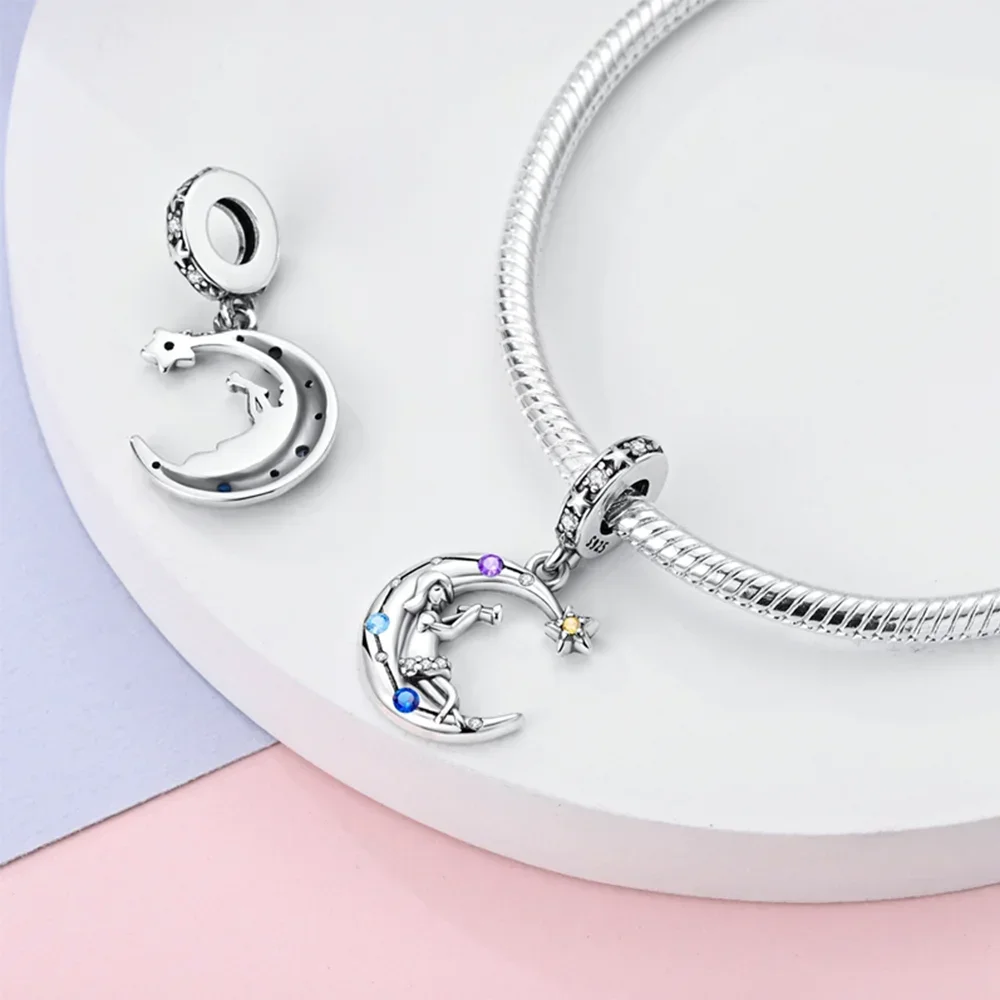

Подвески Plata 925, оригинальные светящиеся бусины со звездой и луной для подвесок, браслет из стерлингового серебра 925 пробы, бусины для изготовления ювелирных изделий, женский подарок