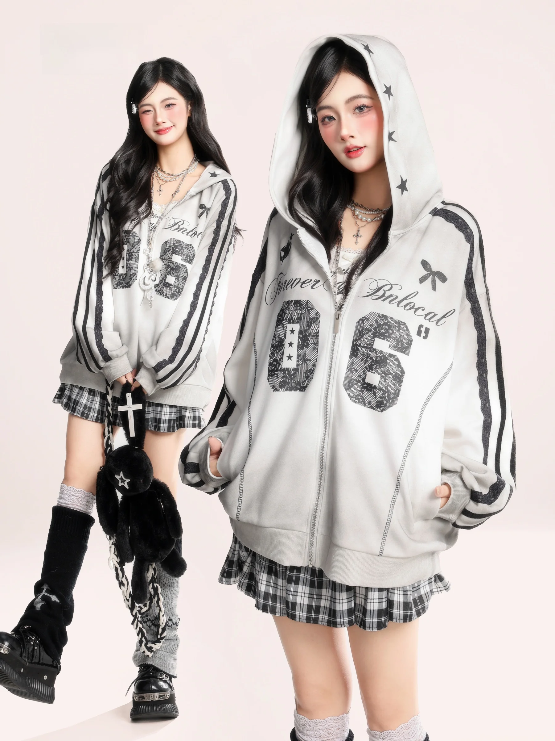 

Женская толстовка HM в американском ретро-стиле с полосками, кружевом и буквенным принтом, новинка весны, свободный крой, модный топ из смесового полиэстера и хлопка