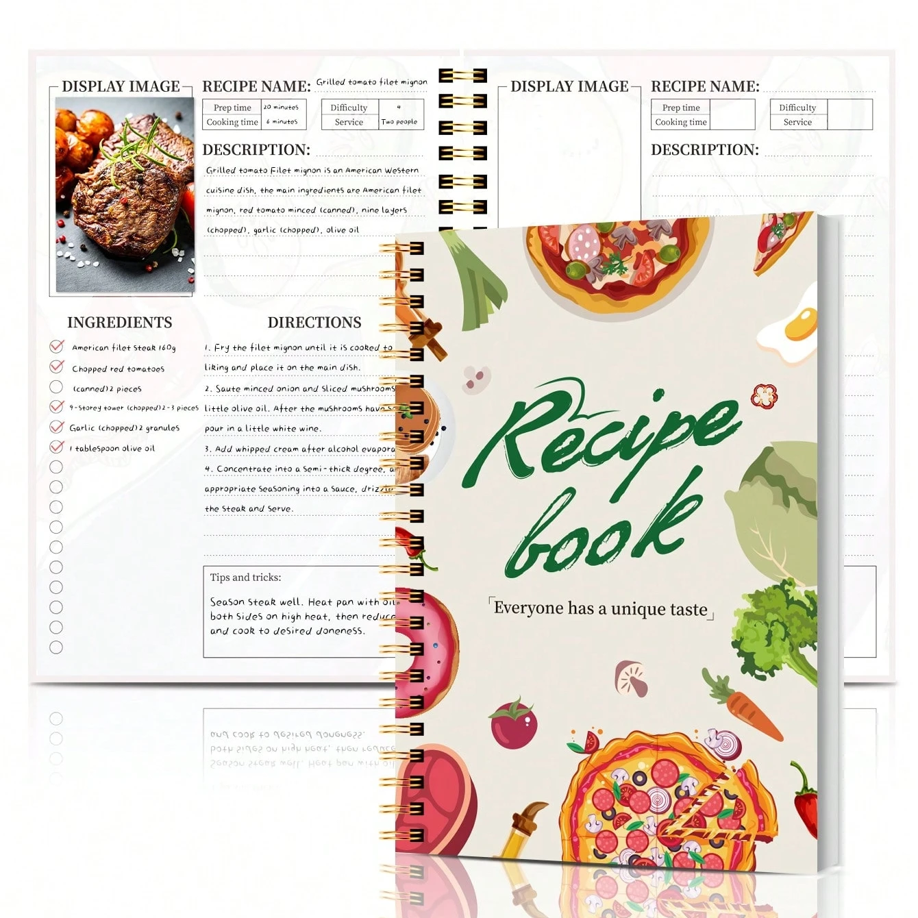Organizador de Recetas en Espiral, Diseño de 2 Páginas, Diario de Cocina en Blanco con Índice para Ingredientes, Notas de Cocina, Planificación de Comidas