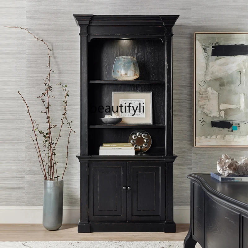 Modern American-Style Solid Wood Bookcase Ash Vintage Distressed Wall Locker Floor Bookshelf and Storage Shelf