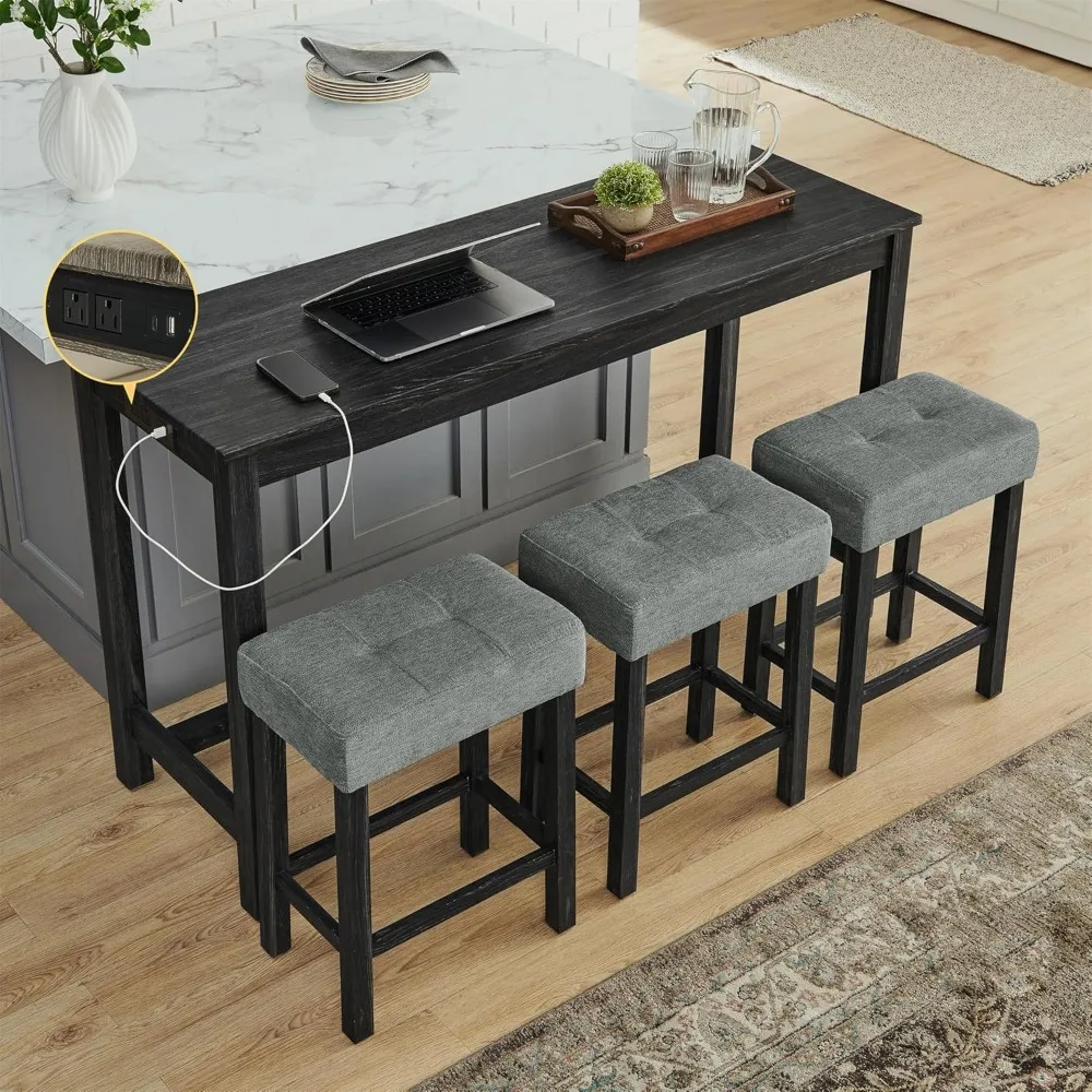 

59" Bar Table Set with Power Outlet,Industrial Breakfast Table with 3 Upholstered Stools w/Footrest,4 Piece Counter Height Bar